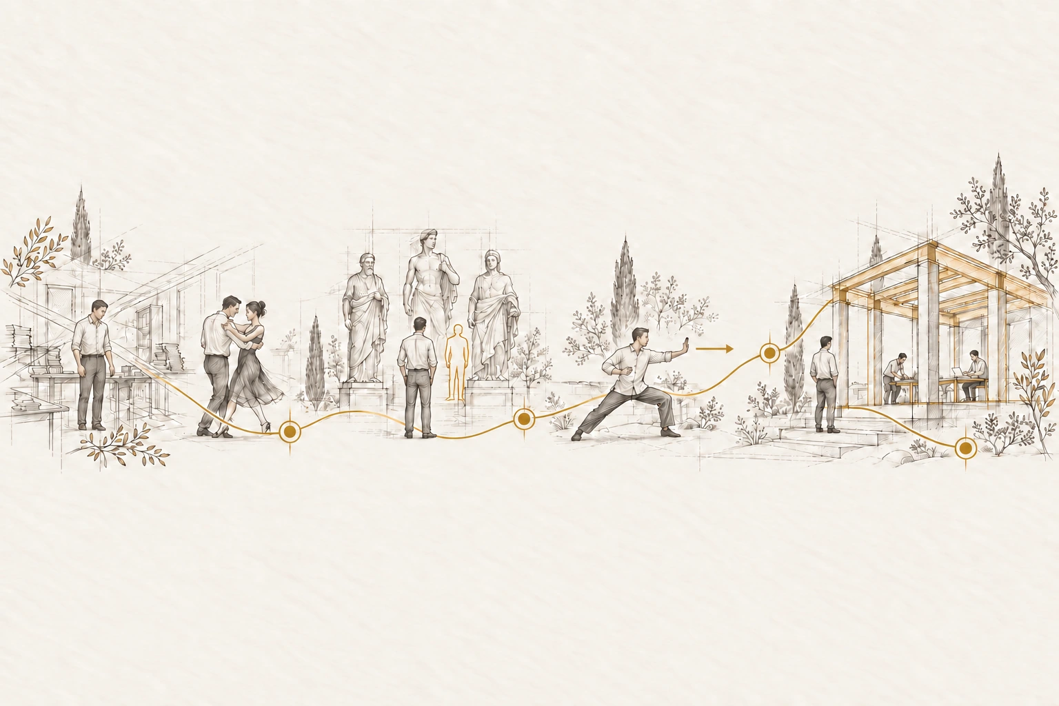 A pencil and gold ink sketch along a gold route: a man stands tired in a cluttered office, then dances tango with a partner, stands among three classical statues beside a gold outline of himself, takes a martial arts stance with a palm pushing forward, and finally watches from the steps of a gold-framed pavilion where two people work at desks without him.