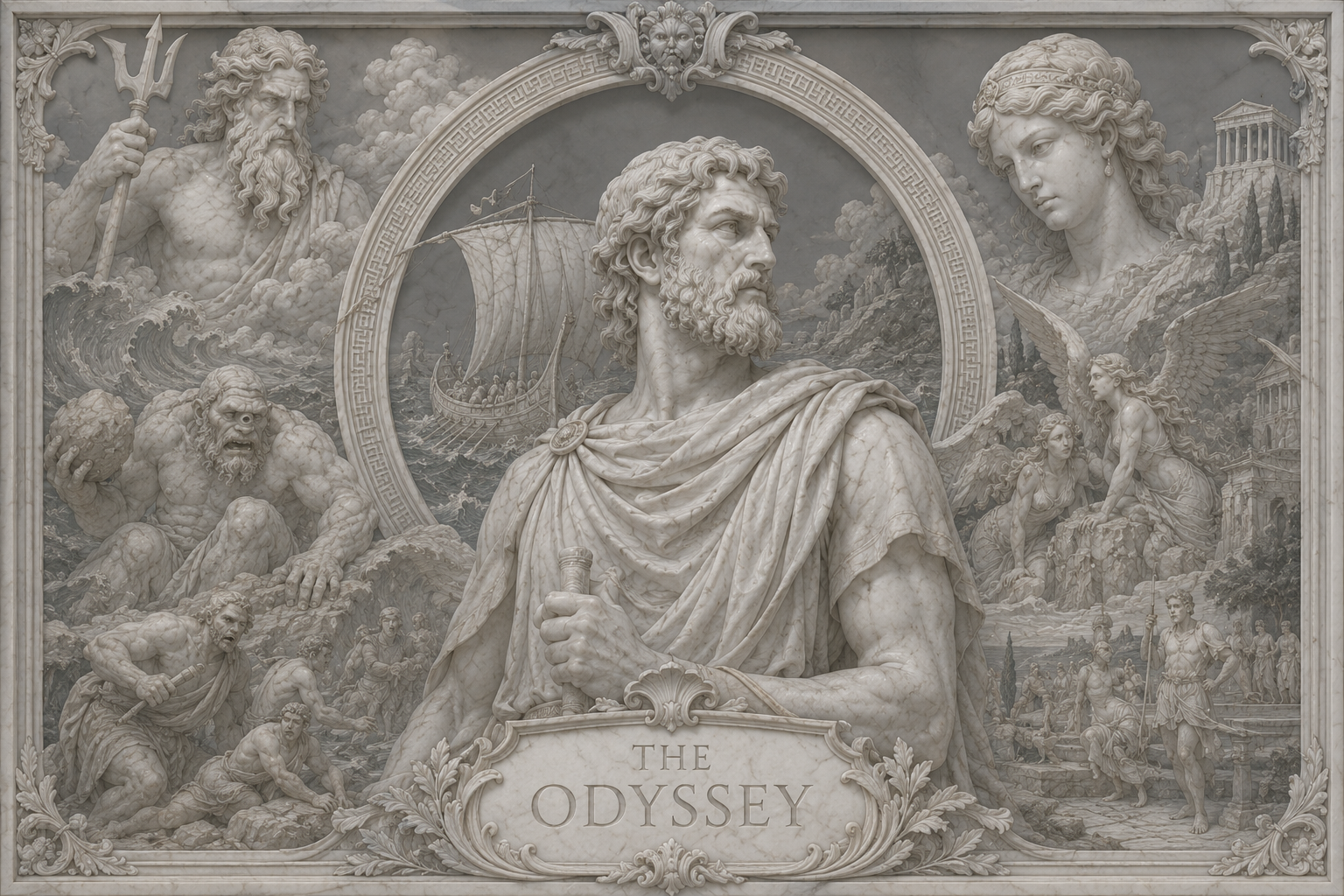Marble relief of the Odyssey: Odysseus at the centre, with Poseidon, Athena, the Cyclops and the Sirens.